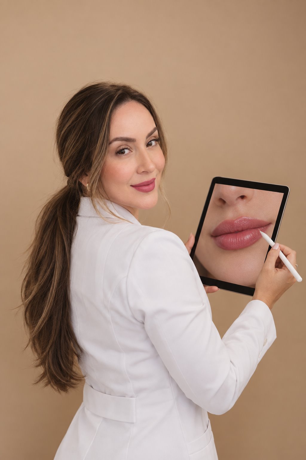 Dra. Mariana Bech segurando um tablet durante uma avaliação